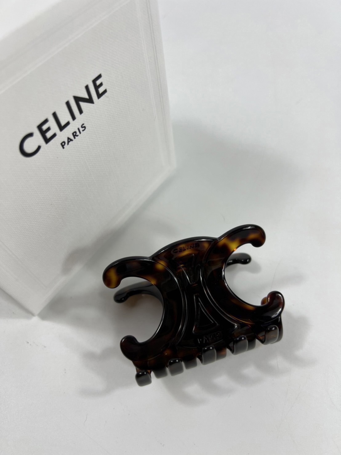 CELINE Triomphe Flat Hair Clip in Dark Havana Acetate and Brass with Gold  Finish and Steel